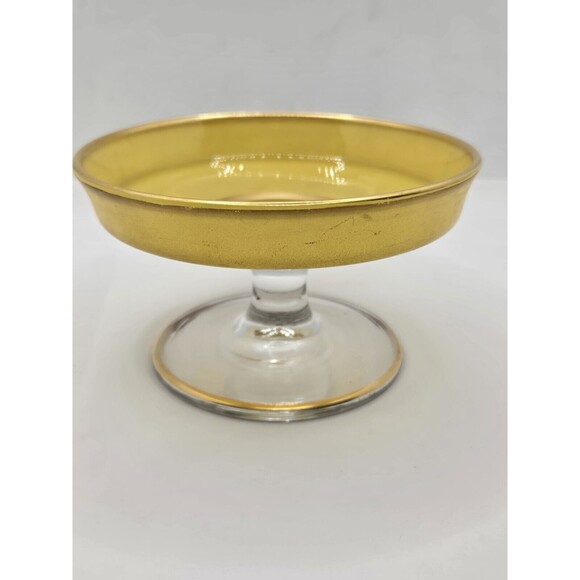 Yellow Depression Glass Pedestal Cheese Compote 4.75" Gold Edging Candy/Nut Dish - Picture 8 of 16